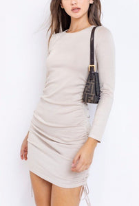 Crew Neck Long Sleeve Double Side Ruch Mini Knit Sweater Dress