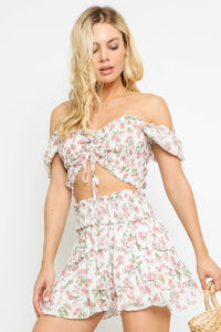 Print Smocked Ruched Balloon Sleeve Crop Top