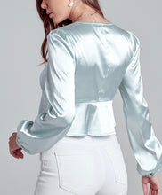 Load image into Gallery viewer, Mint Satin Long Sleeve Open Tie Top