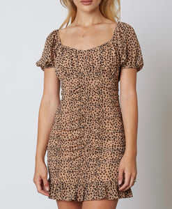 Short Sleeve Peasant Cheetah Mini Dress