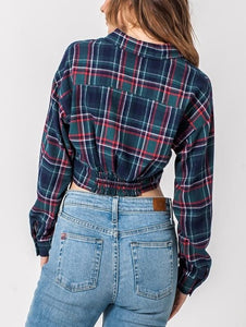 Plaid Tie Front Flannel Longsleeve Cropped Shirt