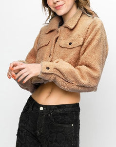 Front Pocket Button Collar Teddy Cropped Jacket