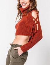 Load image into Gallery viewer, Turtleneck Open Shoulder Lace Up Cropped Cable Knit Sweater