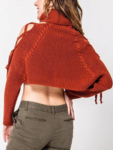 Load image into Gallery viewer, Turtleneck Open Shoulder Lace Up Cropped Cable Knit Sweater
