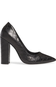Croc Embossed Leather Pointed Toe 4 Inch Stacked Heel Pump