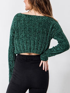 Chenille Boat Neck Drop Shoulder Ribbed Cropped Sweater