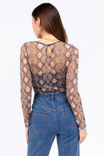 Load image into Gallery viewer, Snake Print Crew Neck Sheer Long Sleeve Thong Bodysuit