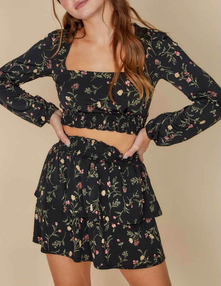 Floral Square Neck Smock Waist Long Sleeve Peasant Crop Top