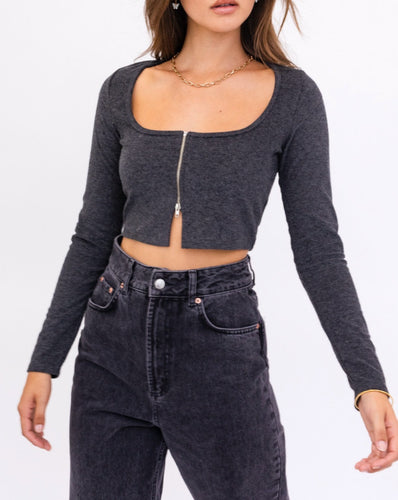 Zipper Long Sleeve U Neck Crop Top
