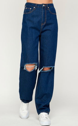 High Waist Distressed Knee Jean