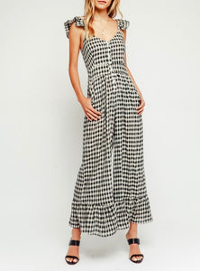 Gingham Cropped Wide Leg Button Front Ruffle Jumpsuit