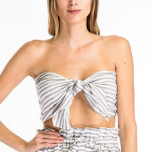 Tie Front Strapless Stripped Crop Top