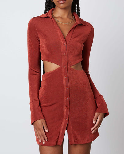 Collar Button Cut Out Mini Dress