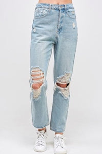 Medium Denim Distressed High Waist 5 Pocket Boyfriend Jeans