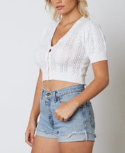 Load image into Gallery viewer, V Neck Pearl Button Short Sleeve Cable Knit Cropped Sweater