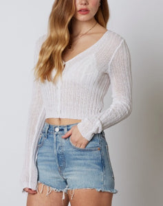 V Neck Pearl Button Ribbed Long Sleeve Cropped Sweater