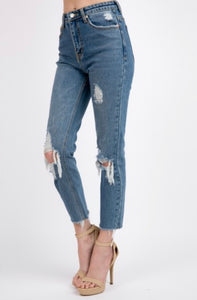Distressed High Waist Straight Leg Fray Hem Cropped Jeans