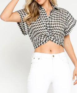 Gingham Short Sleeve Collared Knot Crop Top
