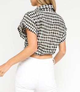 Gingham Short Sleeve Collared Knot Crop Top