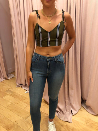 Vertical Stripe Zipper Back Tie Strap Crop Top