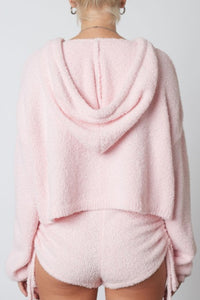 Notched Hooded Fuzzy Cropped Sweater