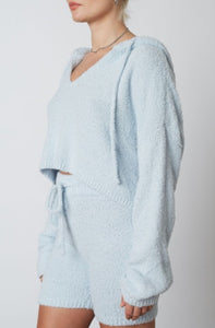 Notched Hooded Fuzzy Cropped Sweater