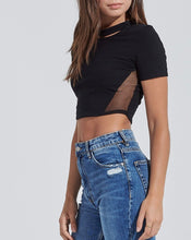 Load image into Gallery viewer, Short Sleeve Cut Out Mesh Crewneck Crop Top