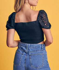 Balloon Lace Short Sleeve Smocked Crop Top