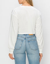 Load image into Gallery viewer, Crew Neck Smocked Cuff Long Sleeve Drop Shoulder Crop Top