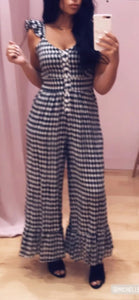 Gingham Cropped Wide Leg Button Front Ruffle Jumpsuit