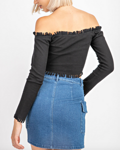 Distressed Off The Shoulder Ribbed Long Sleeve Crop Top