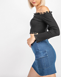 Distressed Off The Shoulder Ribbed Long Sleeve Crop Top