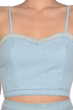 Load image into Gallery viewer, Light Denim Embroidered Flower Detail Sweet Heart Neck Crop Top