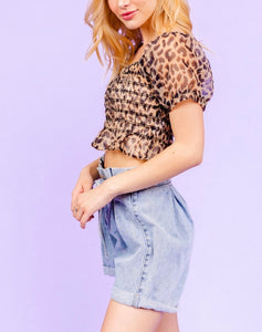 Leopard Square Neck Puff Sleeve Sheer Smocked Mesh Crop Top