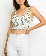 Load image into Gallery viewer, Print Smocked Ruched Peasant Crop Top