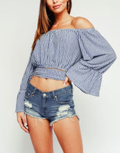 Load image into Gallery viewer, Stripe Off The Shoulder Bell Sleeve Tie Waist Crop Top