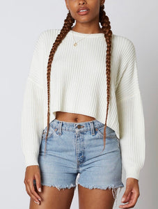 Ribbed Crew Neck Drop Shoulder Long Sleeve Cropped Sweater