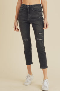 Washed High Rise Straight Leg Distressed Jeans