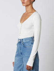 Ribbed Pearl Button V Neck Henley Long Sleeve Top