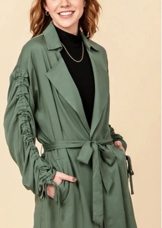 Ruched Tie Sleeve Trench Coat
