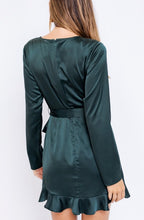 Load image into Gallery viewer, Long Sleeve Satin Ruffle Faux Wrap Romper