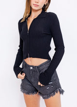 Load image into Gallery viewer, Rib Knit Long Sleeve Double Zip Collared Cardigan Sweater