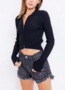 Rib Knit Long Sleeve Double Zip Collared Cardigan Sweater