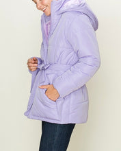 Load image into Gallery viewer, Puffer Double Pocket Waist Tie Hooded Jacket