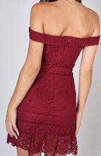 Load image into Gallery viewer, Sweetheart Neckline Off The Shoulder Ruffle Hem Lace Mini Dress