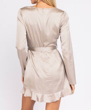 Load image into Gallery viewer, Long Sleeve Satin Ruffle Faux Wrap Romper