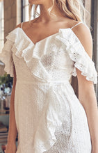 Load image into Gallery viewer, Eyelet Ruffle Faux Wrap Mini Dress
