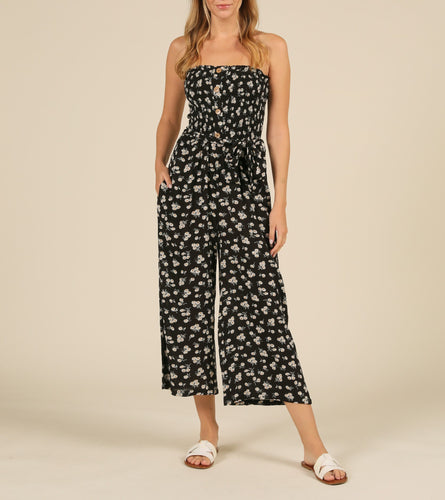 Strapless Smock Daisy Print Wooden Button Jumpsuit