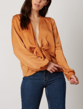 Load image into Gallery viewer, Satin Wrap Tie V Neck Long Sleeve Crop Top