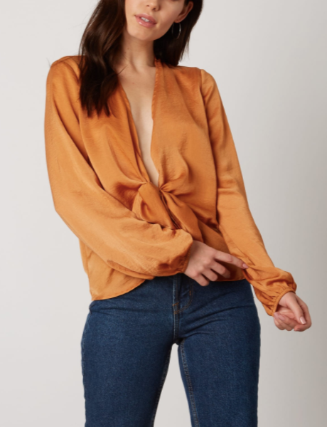 Satin Wrap Tie V Neck Long Sleeve Crop Top